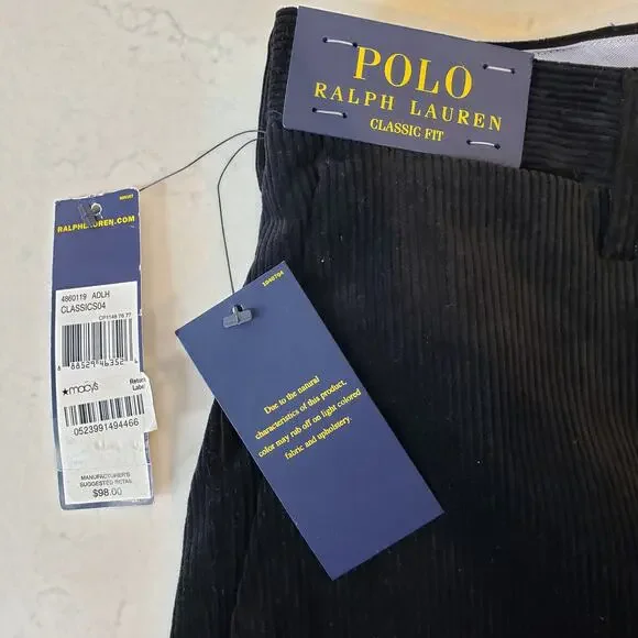 NWT POLO RALPH LAUREN Classic Fit Corduroy Pants Black Men's Size 36/32